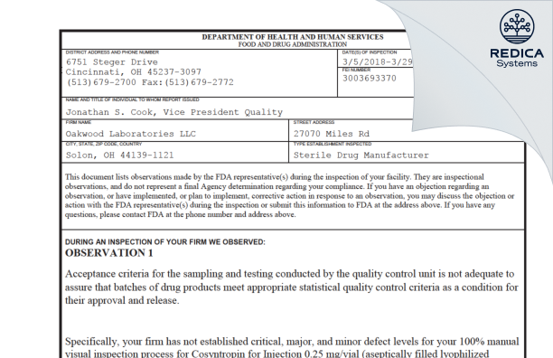 FDA 483 - OAKWOOD LABORATORIES, L.L.C. [Solon / United States of America] - Download PDF - Redica Systems