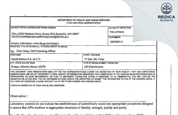 FDA 483 - UQUIFA Mexico, S.A. de C.V. [Mexico / Mexico] - Download PDF - Redica Systems