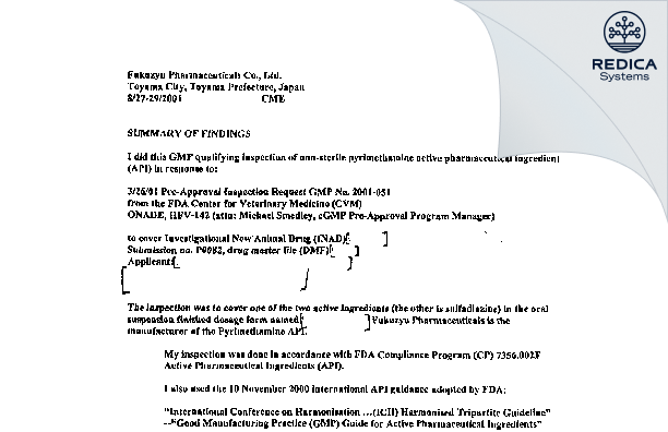 EIR - Fukuzyu Pharmaceutical Co., Ltd. [- / Japan] - Download PDF - Redica Systems