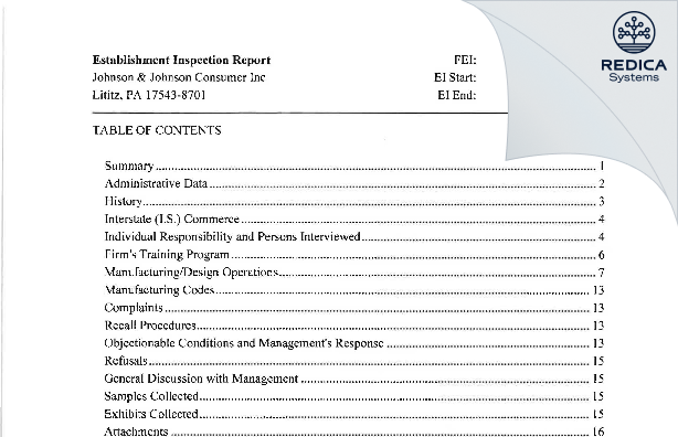 EIR - Johnson & Johnson Consumer Inc. [Lititz Pennsylvania / United States of America] - Download PDF - Redica Systems
