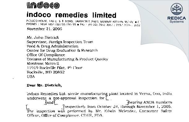 FDA 483 Response - INDOCO REMEDIES LIMITED [India / India] - Download PDF - Redica Systems