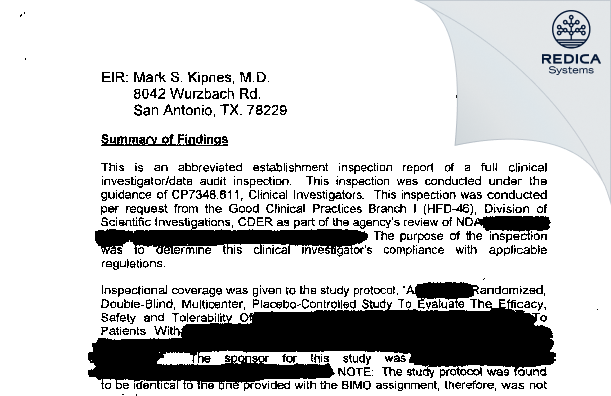EIR - Mark S Kipnes, Dr/Clinv [San Antonio / United States of America] - Download PDF - Redica Systems