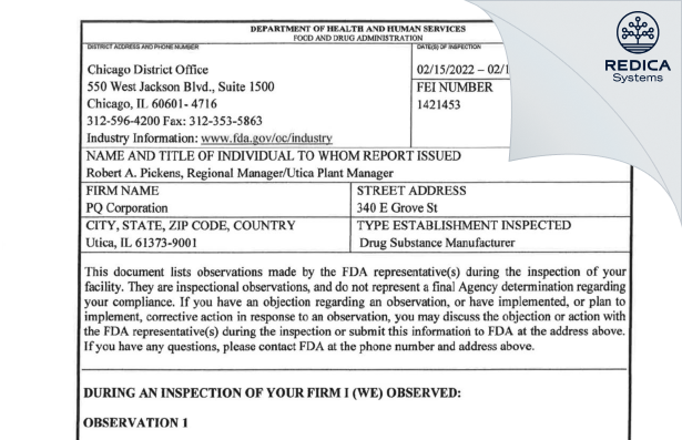 FDA 483 - PQ Corporation [Utica / United States of America] - Download PDF - Redica Systems