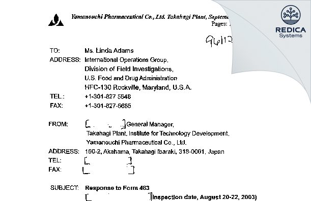FDA 483 Response - Astellas Pharma Inc. [Takahagi / Japan] - Download PDF - Redica Systems