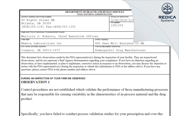FDA 483 - Newton Laboratories, Inc. [Conyers Georgia / United States of America] - Download PDF - Redica Systems