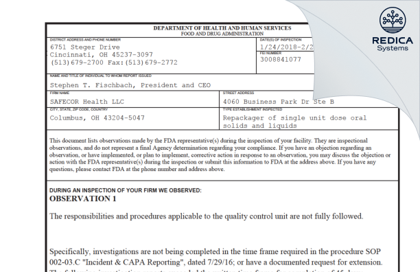 FDA 483 - Safecor Health, LLC [Columbus Ohio / United States of America] - Download PDF - Redica Systems