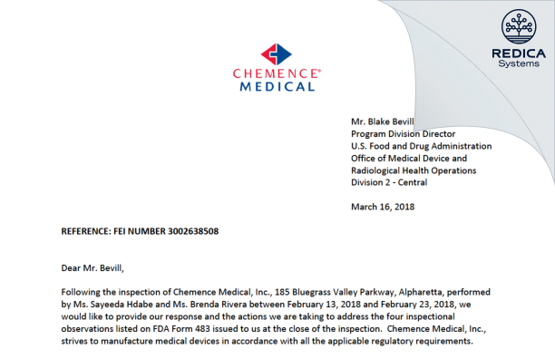 FDA 483 Response - Chemence Medical Products, Inc. [Alpharetta / United States of America] - Download PDF - Redica Systems