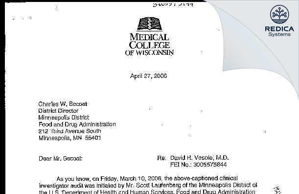 FDA 483 Response - Vesole, David Dr [Milwaukee / United States of America] - Download PDF - Redica Systems