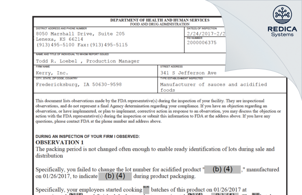FDA 483 - Kerry, Inc. [Fredericksburg / United States of America] - Download PDF - Redica Systems