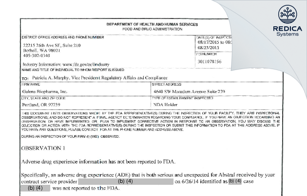 FDA 483 - Galena Biopharma, Inc. [San Ramon / United States of America] - Download PDF - Redica Systems