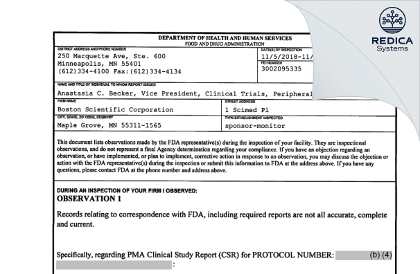 FDA 483 - Boston Scientific Corporation [Maple Grove / United States of America] - Download PDF - Redica Systems