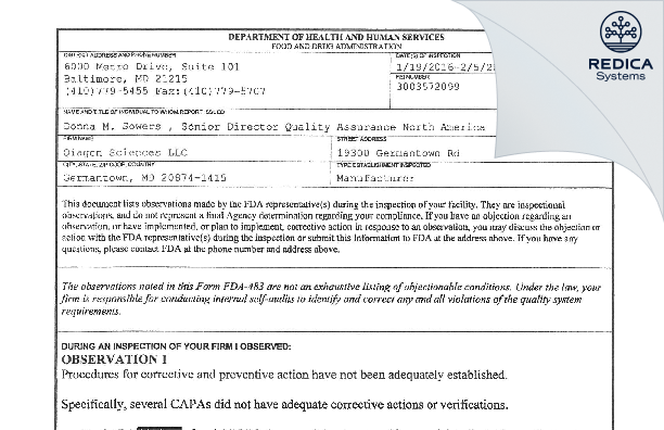 FDA 483 - Qiagen Sciences LLC [Germantown / United States of America] - Download PDF - Redica Systems