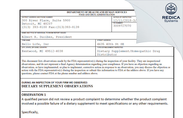 FDA 483 - Hello Life, Inc. [Grand Rapids / United States of America] - Download PDF - Redica Systems