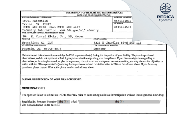 FDA 483 - Neuralight HD, LLC [Phoenix / United States of America] - Download PDF - Redica Systems