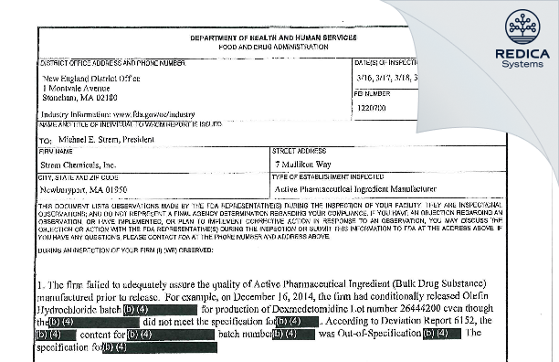 FDA 483 - Strem Chemicals, Inc [Newburyport / United States of America] - Download PDF - Redica Systems