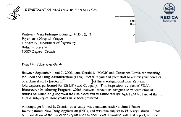 FDA 483 Response - Prof. Vera Folnegovic-Smalc, M.D., ScD [Zagreb / Croatia] - Download PDF - Redica Systems