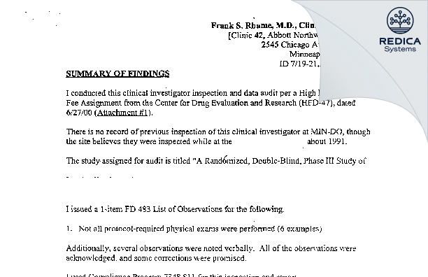 EIR - Rhame, Frank S., M.D., Clinical Investigator [Minneapolis / United States of America] - Download PDF - Redica Systems