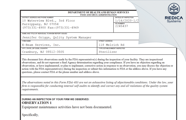 FDA 483 - E-BEAM Services, Inc. [Jersey / United States of America] - Download PDF - Redica Systems
