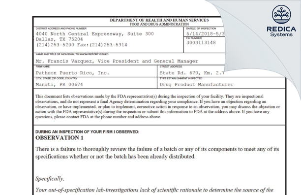 FDA 483 - Patheon Puerto Rico, Inc. [Rico / United States of America] - Download PDF - Redica Systems