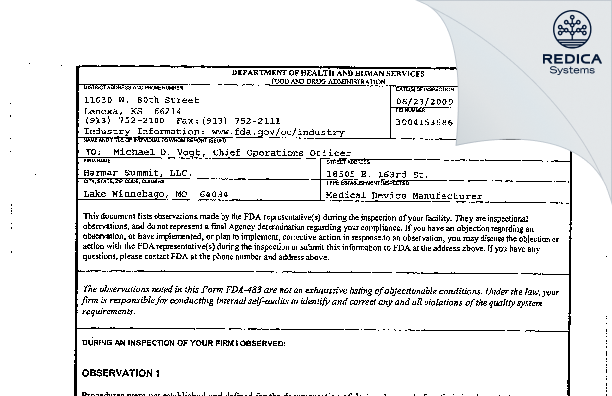 FDA 483 - Harmar Mobility, LLC. [Lake Winnebago / United States of America] - Download PDF - Redica Systems