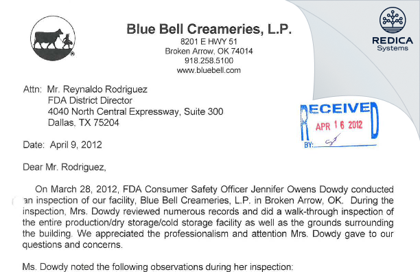 FDA 483 Response - Blue Bell Creameries, LP [Broken Arrow / United States of America] - Download PDF - Redica Systems