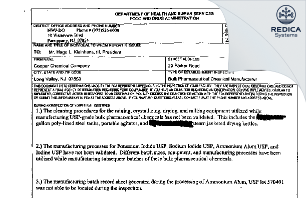 FDA 483 - Cooper Chemical Co [Long Valley / United States of America] - Download PDF - Redica Systems