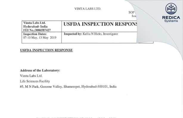 FDA 483 Response - Vimta Labs Limited [India / India] - Download PDF - Redica Systems