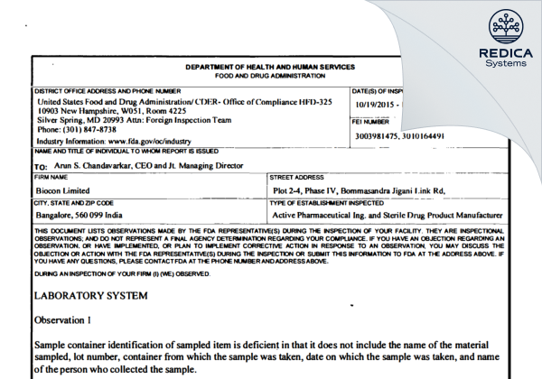 FDA 483 - Biocon Biologics Limited [India / India] - Download PDF - Redica Systems