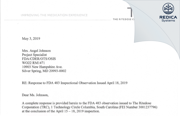 FDA 483 Response - The Ritedose Corporation [Columbia / United States of America] - Download PDF - Redica Systems
