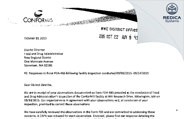 FDA 483 Response - Conformis Inc. [Wilmington / United States of America] - Download PDF - Redica Systems