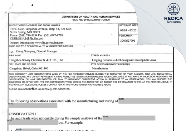 FDA 483 - Cangzhou Senary Chemical S. & T. Co. Ltd. [Cangzhou / China] - Download PDF - Redica Systems