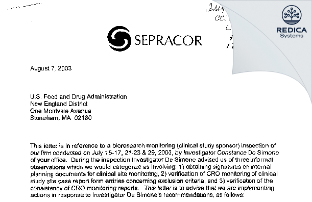 FDA 483 Response - Sunovion Pharmaceuticals Inc. [Marlborough / United States of America] - Download PDF - Redica Systems