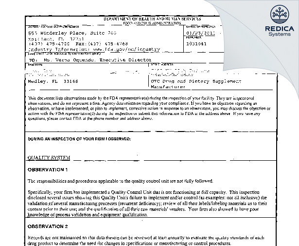 FDA 483 - Lex Inc [Medley Florida / United States of America] - Download PDF - Redica Systems