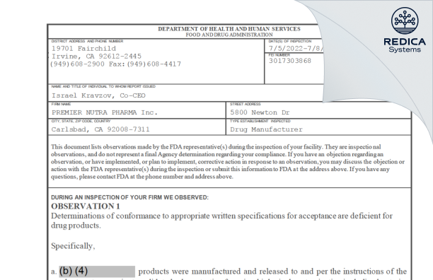 FDA 483 - PREMIER NUTRA PHARMA Inc. [Carlsbad / United States of America] - Download PDF - Redica Systems