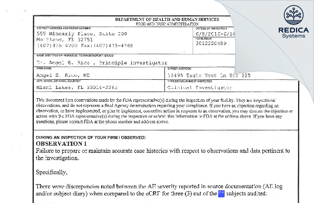 FDA 483 - Angel E. Rico, MD [Miami Lakes / United States of America] - Download PDF - Redica Systems