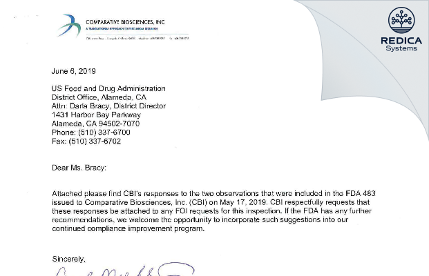 FDA 483 Response - Comparative Biosciences, Inc [Sunnyvale / United States of America] - Download PDF - Redica Systems