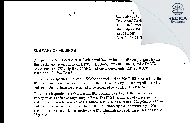 EIR - University Of Pennsylvania, Office of the Institutional Review Boards [Philadelphia / United States of America] - Download PDF - Redica Systems