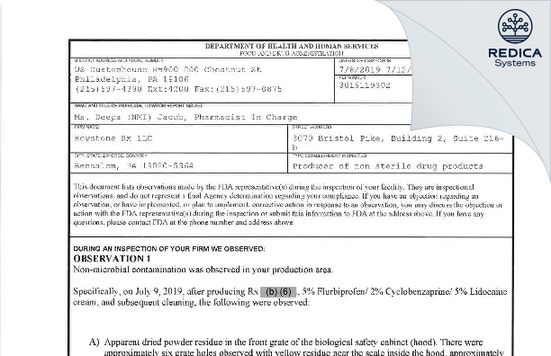 FDA 483 - Keystone Rx LLC [Bensalem / United States of America] - Download PDF - Redica Systems