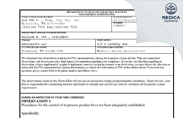 FDA 483 - Albahealth LLC [Rockwood / United States of America] - Download PDF - Redica Systems