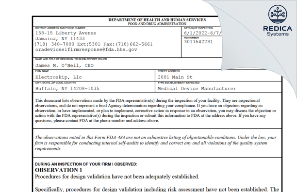 FDA 483 - Electroskip, Llc [Buffalo / United States of America] - Download PDF - Redica Systems