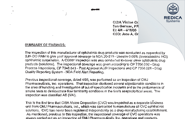 EIR - OMJ Pharmaceuticals, Inc. [San German / United States of America] - Download PDF - Redica Systems