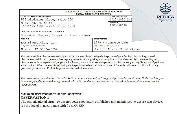 FDA 483 - AMS Diagnostics, LLC [Weston / United States of America] - Download PDF - Redica Systems