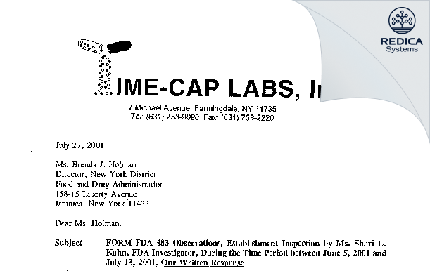 FDA 483 Response - TIME CAP LABORATORIES, INC [Farmingdale / United States of America] - Download PDF - Redica Systems