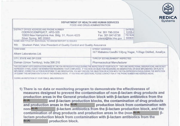 FDA 483 - Alkem Laboratories Limited [India / India] - Download PDF - Redica Systems