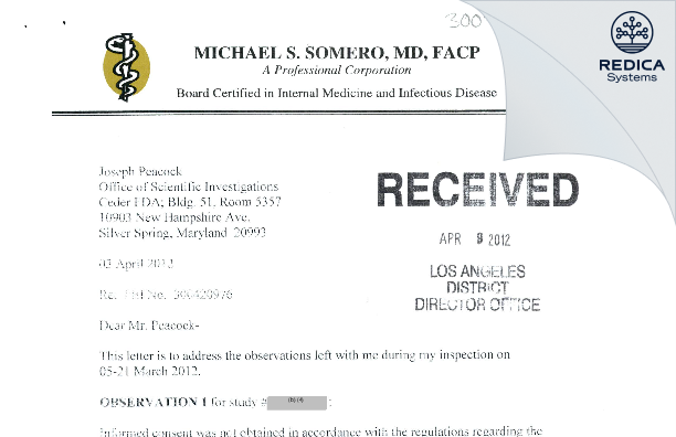 FDA 483 Response - Michael Somero [Palm Desert / United States of America] - Download PDF - Redica Systems
