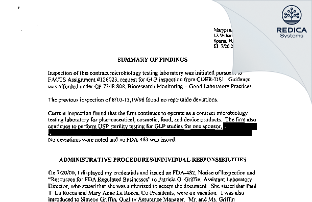 EIR - MPL Laboratories [Sparta / United States of America] - Download PDF - Redica Systems