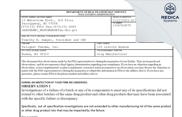 FDA 483 - Teligent, Inc. [Jersey / United States of America] - Download PDF - Redica Systems