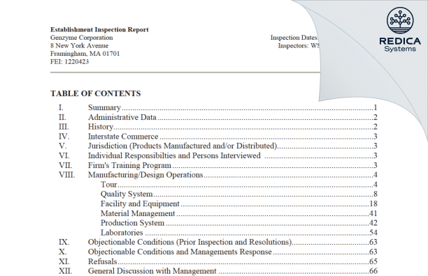 EIR - Genzyme Corporation [Framingham / United States of America] - Download PDF - Redica Systems
