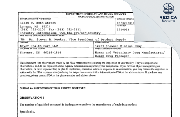 FDA 483 - TriRx Shawnee LLC [Shawnee / United States of America] - Download PDF - Redica Systems