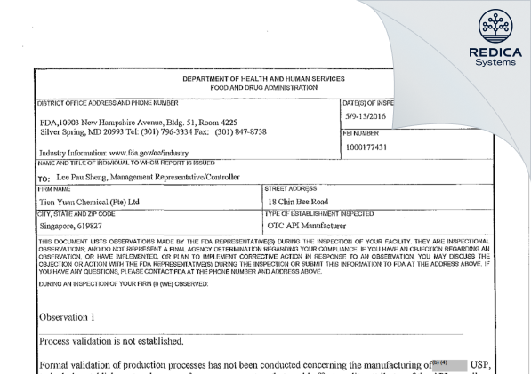 FDA 483 - Tien Yuan Chemical (Pte) Ltd [Singapore / Singapore] - Download PDF - Redica Systems